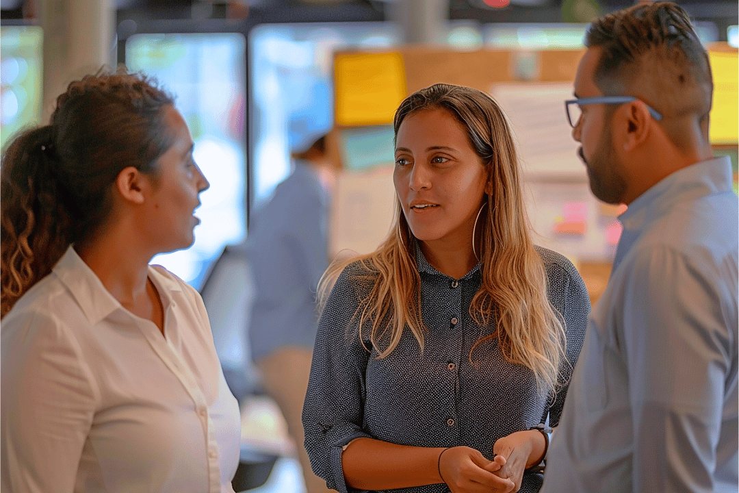 Tres personas conversando de manera auténtica, resaltando la importancia de la autenticidad y la marca personal en el entorno profesional.