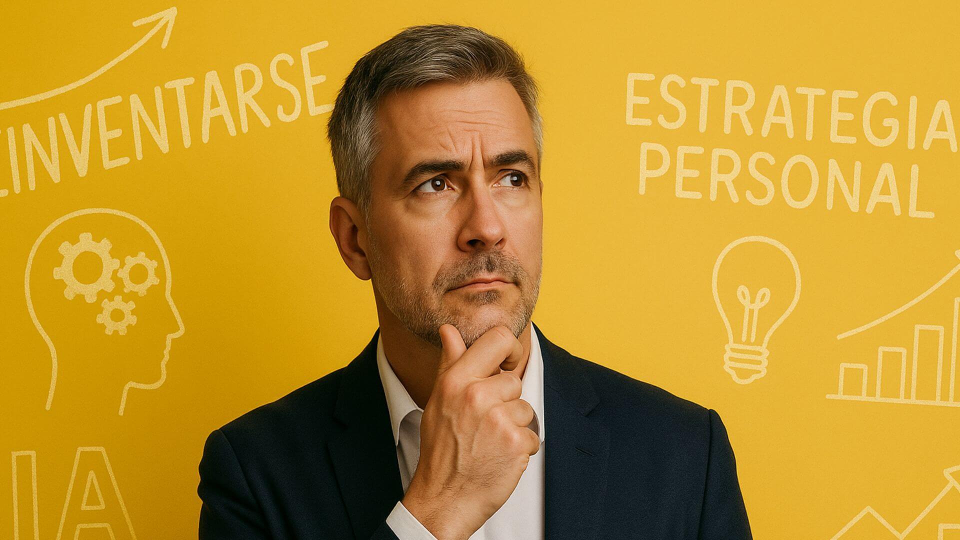 Hombre reflexivo de mediana edad sobre fondo amarillo con elementos visuales de estrategia personal, inteligencia artificial y marca personal, representando el enfoque de Gabriel Patrizzi.