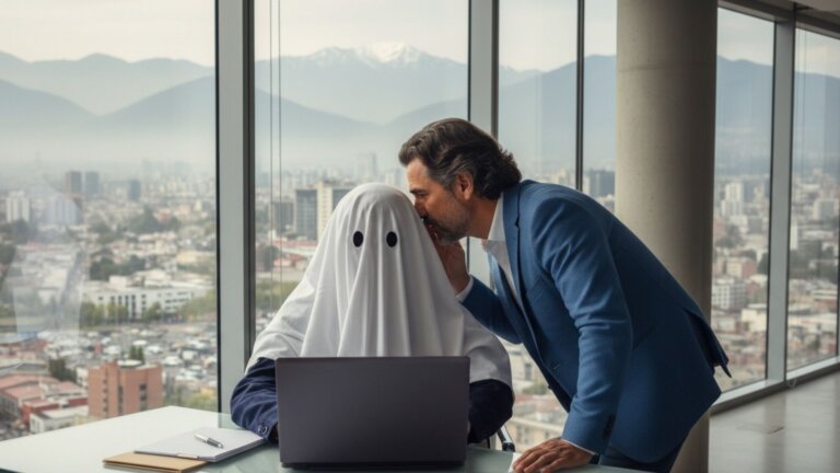 Ejecutivo en oficina de altura susurra a una persona cubierta con sábana blanca (fantasma) frente a un laptop; metáfora del ghostwriter.
