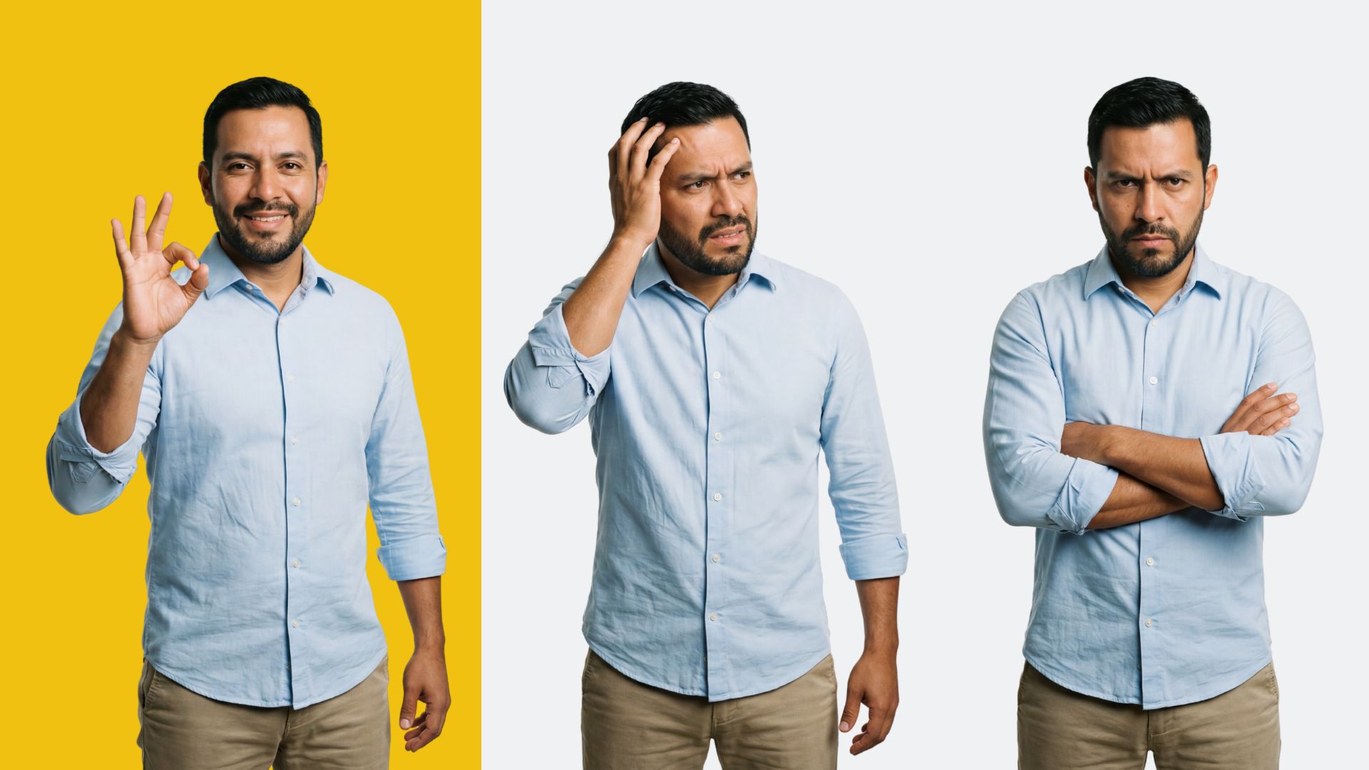 Hombre latino con camisa azul claro y pantalón caqui mostrado en tres expresiones: satisfecho haciendo la seña de okay, frustrado con la mano en la cabeza, y molesto con los brazos cruzados.