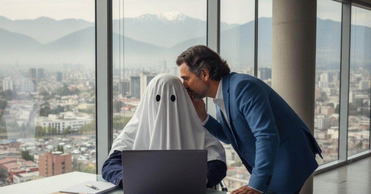 Ejecutivo en oficina de altura susurra a una persona cubierta con sábana blanca (fantasma) frente a un laptop; metáfora del ghostwriter.