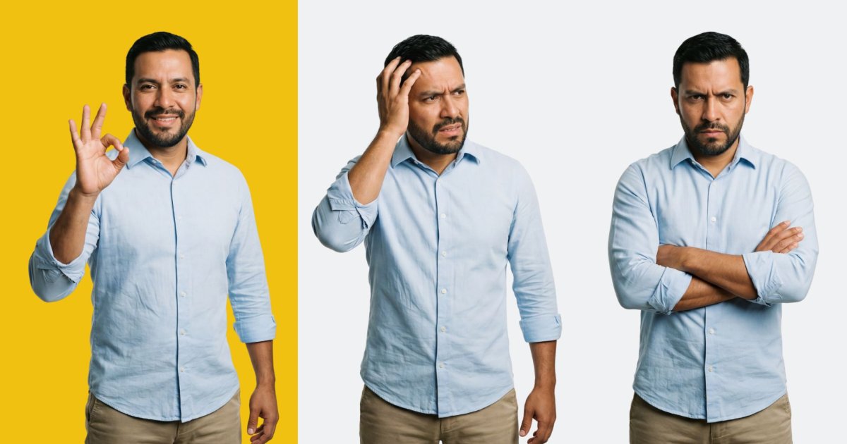 Hombre latino con camisa azul claro y pantalón caqui mostrado en tres expresiones: satisfecho haciendo la seña de okay, frustrado con la mano en la cabeza, y molesto con los brazos cruzados.